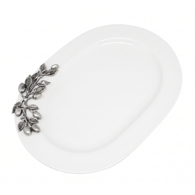 Porcelain Oval Tray w/ Pewter Olive Branch Décor