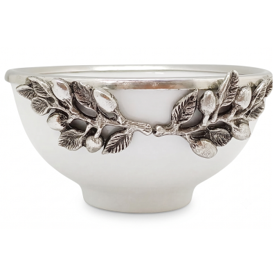 Porcelain Rice Bowl w/Pewter  Olive Branch  Décor