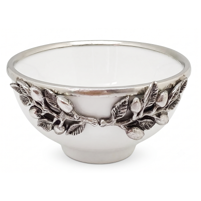 Porcelain Rice Bowl w/Pewter  Olive Branch  Décor