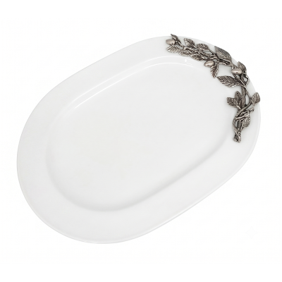 Porcelain Oval Tray w/ Pewter Olive Branch Décor
