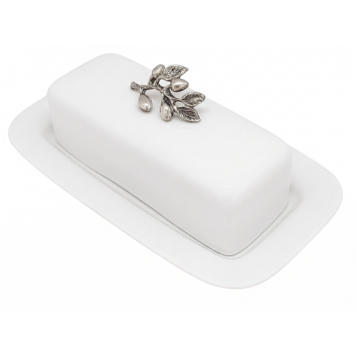 Porcelain Butter Dish w/ Pewter Olive Branch Knob