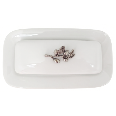 Porcelain Butter Dish w/ Pewter Olive Branch Knob