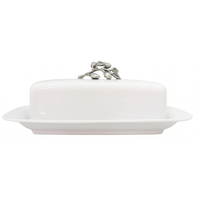 Porcelain Butter Dish w/ Pewter Olive Branch Knob