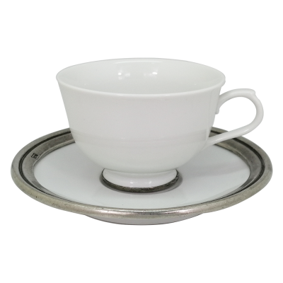 Porcelain Tea Coffee Cup 210 cc. & Saucer 15 cm / Pewter Decorate