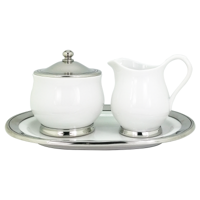 Ceramic Sugar & Creamer and Tray set Pewter Décor