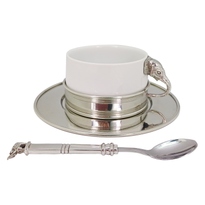 Porcelain Tea Coffee Cup 250 cc. & Saucer 16 cm and Spoon  / Pewter Elephant Decorate