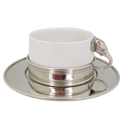 Porcelain Tea Coffee Cup 250 cc. & Saucer 16 cm / Pewter Elephant Decorate