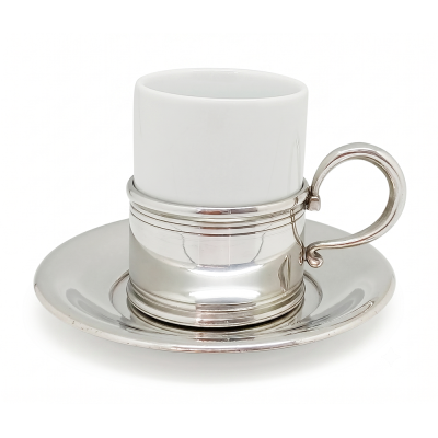 Porcelain Ceramic Tea Cup Pewter Décor w/Pewter Plate