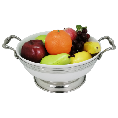 Porcelain Big Bowl D: 25 cms. w/Handle / Pewter Decorate