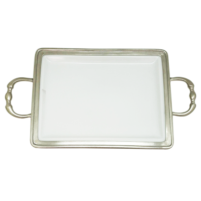 Porcelain Rect Tray w/ Pewter Decor  32 cms.