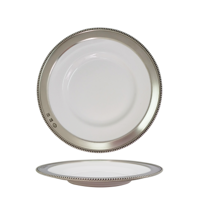 Porcelain Wide Rim Plate 20.5 cms. / Pewter Beads Decorate