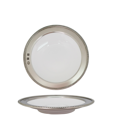 Porcelain Coupe Plate 15 cms. / Pewter Beads Decorate