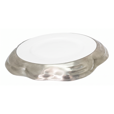 Procelain Wide Rim Plate w/ Pewter Décor