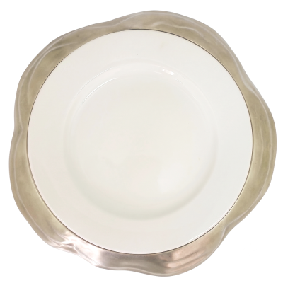 Procelain Wide Rim Plate w/ Pewter Décor