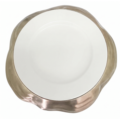 Procelain Wide Rim Plate w/ Pewter Décor