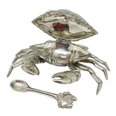 Pewter Crab Salt Cellar Pot w/Spoon
