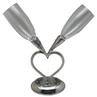 Pair of Champagne Wedding Set Pewter Rose Décor
