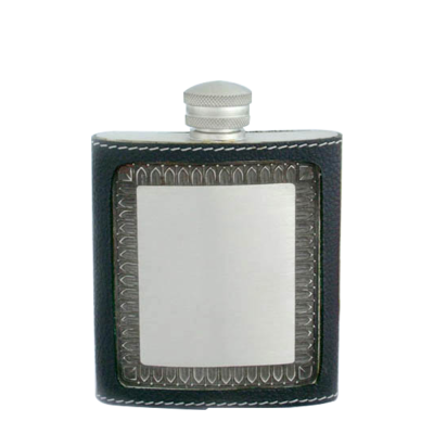 Pewter Hip Flask_6 / Black Leather