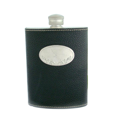 Pewter Hip Flask with Medal  / Black Leather