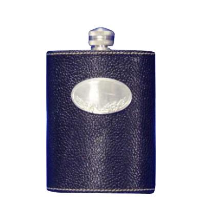 Pewter Hip Flask with Medal  / Black Leather
