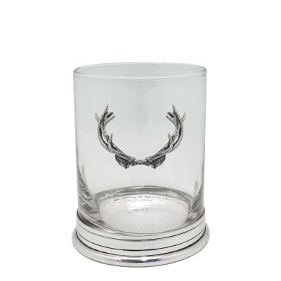 WHISKEY GLASSWITH PEWTERBASE & DEERHORNS ONLY