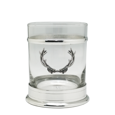 WHISKEY GLASSWITH PEWTERBASE + COLLAR &DEER HORNS ONLY