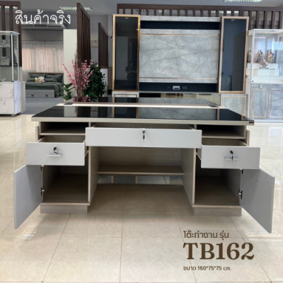โต๊ะทำงาน ท็อปกระจกชาดำ รุ่น TB162 ขนาด 160 ซม. มีลิ้นชักและตู้เก็บของ ไม้ E1 ปลอดภัย