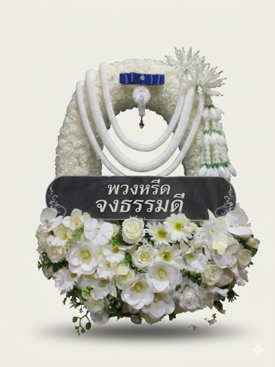 พวงหรีดทรงวงรีดอกไม้ประดิษฐ์ ขาว เขียว