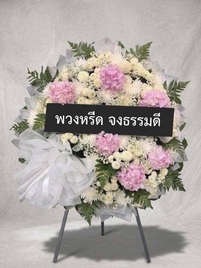 พวงหรีดดอกไม้สด 80 เซนติเมตรสีขาวชมพูไฮเดนเยีย