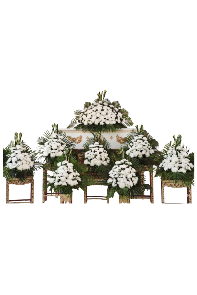 จัดดอกไม้หน้าศพ ดอกไม้หน้าโลง/ดอกไม้หน้าหีบ แบบน้ำตก โทนสีขาว เขียว