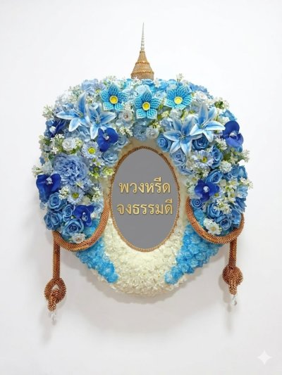 พวงหรีดทรงวงรีดอกไม้ประดิษฐ์ ขาว ฟ้า ยอดมุก