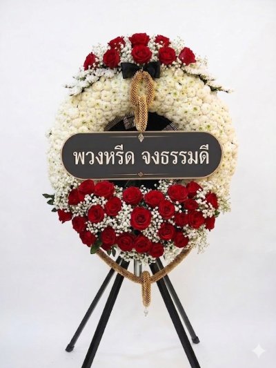 พวงหรีดพัดลมอุตสาหกรรม 22 นิ้ว ดอกไม้สด สีขาว แดง พร้อมโบว์