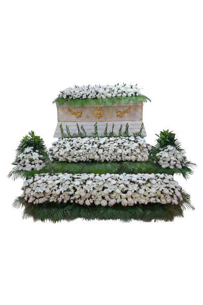 จัดดอกไม้หน้าศพ ดอกไม้หน้าโลง/ดอกไม้หน้าหีบ แบบน้ำตก โทนสีขาว แซมใบสีเขียว