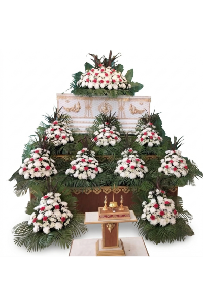 จัดดอกไม้หน้าศพ ดอกไม้หน้าโลง/ดอกไม้หน้าหีบ โทนสีขาว ชมพู