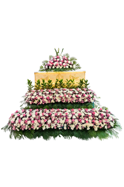 จัดดอกไม้หน้าศพ ดอกไม้หน้าโลง/ดอกไม้หน้าหีบ แบบน้ำตก โทนสีขาว ชมพู