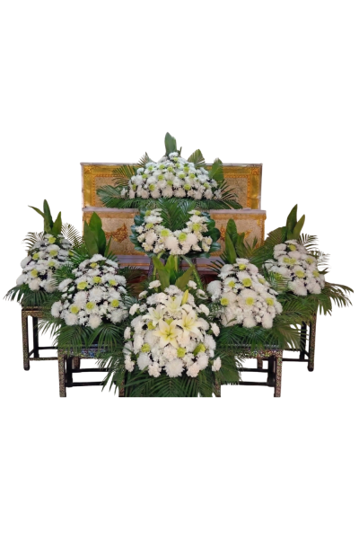 จัดดอกไม้หน้าศพ ดอกไม้หน้าโลง/ดอกไม้หน้าหีบ โทนสีขาว เขียว