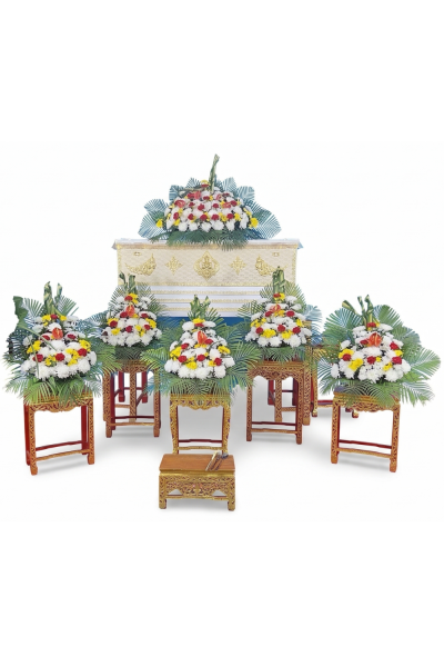 จัดดอกไม้หน้าศพ ดอกไม้หน้าโลง/ดอกไม้หน้าหีบ โทนสีขาว เหลือง แดง