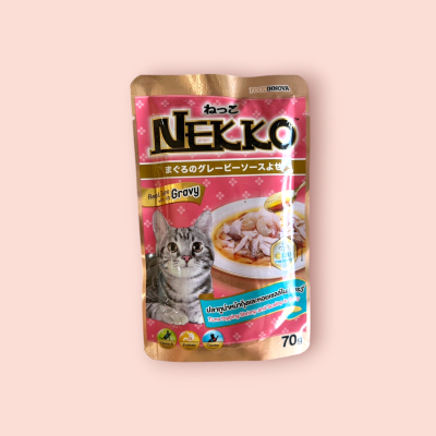 เนกโกะ อาหารเปียกแมว รสทูน่าหน้ากุ้งและหอยเชลล์ในน้ำเกรวี่ 70 กรัม(ซอง)