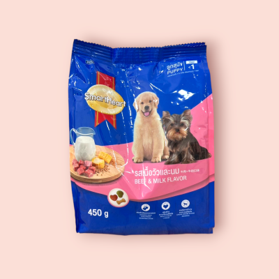 สมาร์ทฮาร์ท ลูกสุนัข 450 กรัม รสเนื้อวัวและนม (ถุง)