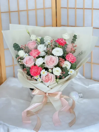 ช่อดอกไม้สีพาสเทลสวยหวาน ช่อดอกไม้สีชมพู FW005