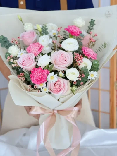 ช่อดอกไม้แสดงความยินดี ชมพูครีม FW005
