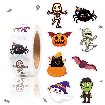 (500 ดวง/ม้วน) สติกเกอร์ฮาโลวีน ขนาด 3.8 cm. ลายน่ารัก สีสด คมชัด