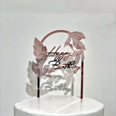 ป้ายปักเค้ก อะคริลิค Happy Birthday ตัวอักษรและใบไม้ สีชมพู 11.5 cm