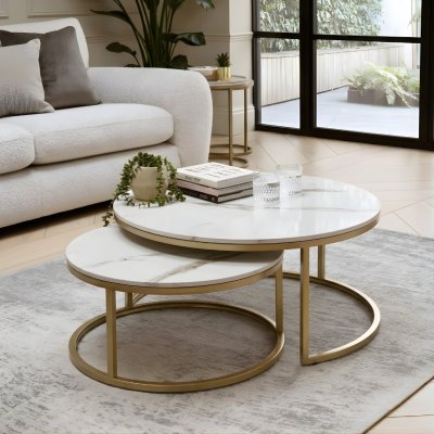 โต๊ะกลางคู่ “Marble Nest Luxe” หน้าเรซิ่นลายหินอ่อน ขาทอง