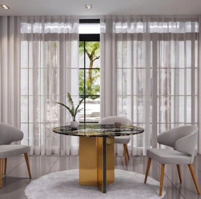 BONHEUR โต๊ะกินข้าวหินอ่อนทรงกลม โต๊ะอาหารท็อปหินหรูหราสไตล์ Modern Luxury ขาสแตนเลสสีทองเงา รหัสCN25-007