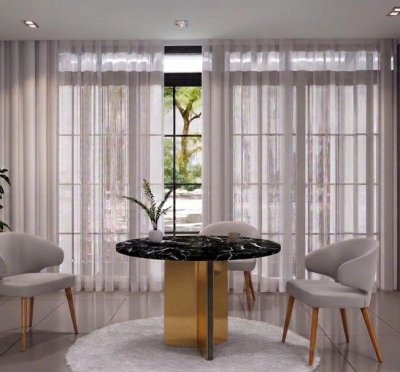 BONHEUR โต๊ะกินข้าวหินอ่อนทรงกลม โต๊ะอาหารท็อปหินหรูหราสไตล์ Modern Luxury ขาสแตนเลสสีทองเงา รหัสCN25-007