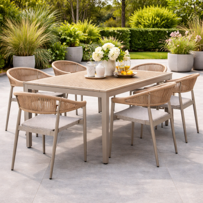 Sahara โต๊ะอาหารไม้สไตล์โมเดิร์น พร้อมเก้าอี้หวาย 4 ที่นั่ง | Modern Outdoor Dining Table Set