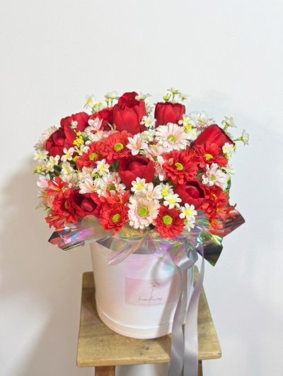 Vibrant Red Tulip & Daisy Artificial Flower Box