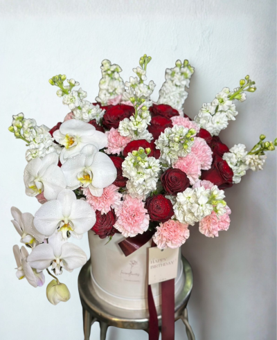 Luxury Red Flower Box With Orchids