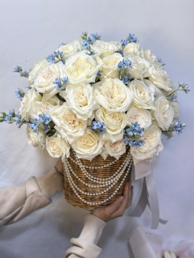 60 White Roses Basket - Butterfly and Pearl